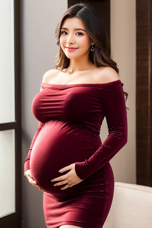 gorgeous heavily pregnant woman holding her big belly wearing tight velvet maternity dress
