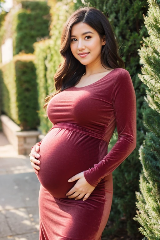 gorgeous heavily pregnant woman holding her big belly wearing tight velvet maternity dress
