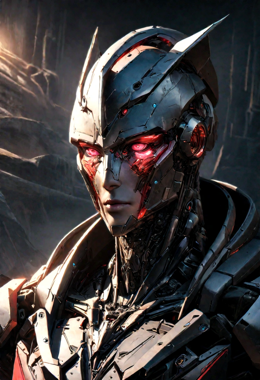 Sharpened man in black and red metallic armor with hood, detailed portrait of a cyborg, close-up portrait of cyborg, portrait of a futuristic robot, male cyborg military commander, attractive science fiction face, masculine appearance, portrait of cyborg, Futuristic Setting, portrait of a cyborg, cyborg portrait, portrait of a cyborg cyberpunk, male cyborg, in metallic black futuristic armor, olpntng style, Portrait of the gynoid robot Samus in Wasteland, perfect composition, beautiful detailed intricate insanely detailed octane render Tendências no ArtStation, 8k art photography, photorrealistic concept art, soft natural volumetric cinematic perfect light, Bright dark, rewarded photography, work of art, oil on canvas, perfect composition, beautiful detailed intricate insanely detailed octane render Tendências no ArtStation, 8k art photography, photorrealistic concept art, futuristic setting, soft natural volumetric cinematic perfect light, darkness background