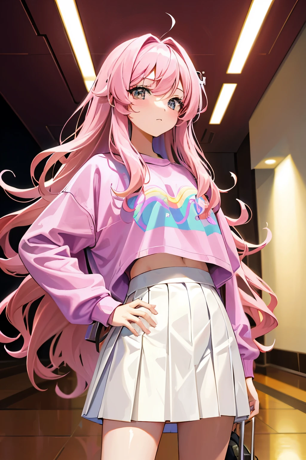 Cute girl age 16 with long wavy pink hair wearing rainbow y2k sweatshirt and white skirt in the luxurious hotel lobby