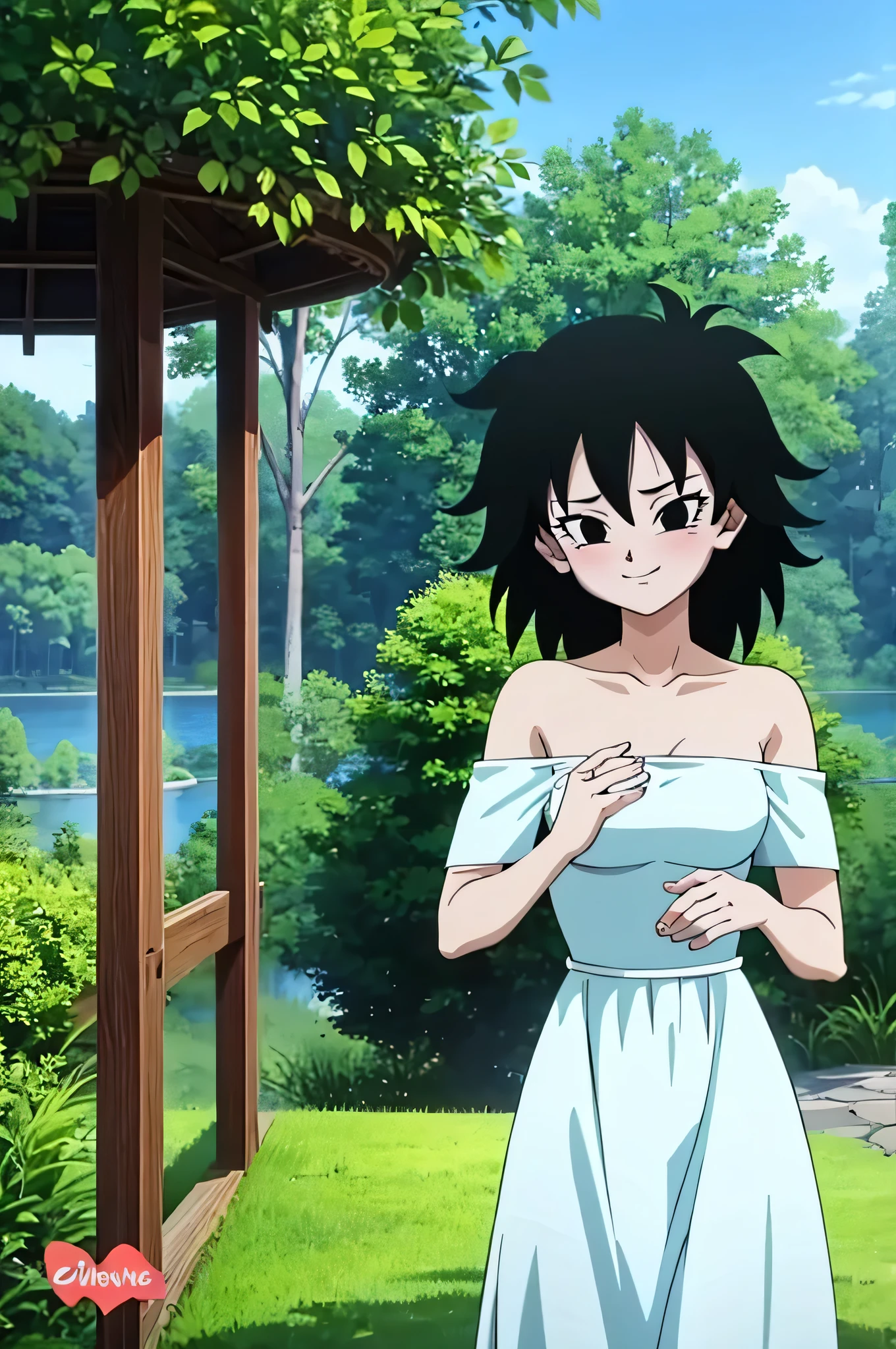 anime screencap, masterpiece, best quality, highres, outdoors, small breasts, gine, spiky black hair, 1 girl, Solo, Black Eyes, Good hands are down, Smile, Blushing, Bare Neck, Bare Shoulders, strapless, White Ruffle Off-the-Shoulder maxi dress. Cowboy shot. looking at viewers, garden, a lake, a gazebo, blue skies, standing up straight
