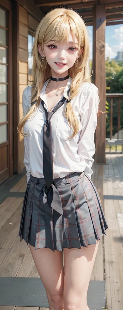 1girl, earrings, choker, jewelry, long hair, skirt, open mouth, smile, solo, arms behind back, necktie, blurry, looking at viewer, ear piercing, blonde hair, collarbone, depth of field, gyaru, blush, black choker, breasts, tatami, piercing, , shirt, kogal, white shirt, blurry background, pleated skirt, :d, black necktie, bangs