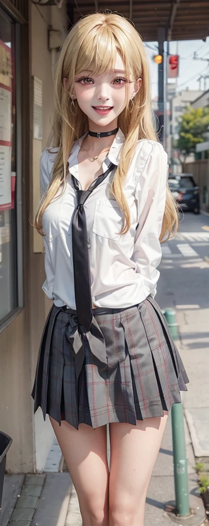 1girl, earrings, choker, jewelry, long hair, skirt, open mouth, smile, solo, arms behind back, necktie, blurry, looking at viewer, ear piercing, blonde hair, collarbone, depth of field, gyaru, blush, black choker, breasts, tatami, piercing, , shirt, kogal, white shirt, blurry background, pleated skirt, :d, black necktie, bangs