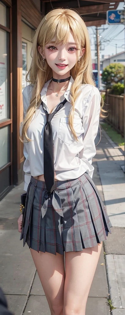 1girl, earrings, choker, jewelry, long hair, skirt, open mouth, smile, solo, arms behind back, necktie, blurry, looking at viewer, ear piercing, blonde hair, collarbone, depth of field, gyaru, blush, black choker, breasts, tatami, piercing, , shirt, kogal, white shirt, blurry background, pleated skirt, :d, black necktie, bangs