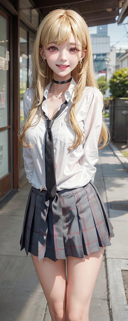 1girl, earrings, choker, jewelry, long hair, skirt, open mouth, smile, solo, arms behind back, necktie, blurry, looking at viewer, ear piercing, blonde hair, collarbone, depth of field, gyaru, blush, black choker, breasts, tatami, piercing, , shirt, kogal, white shirt, blurry background, pleated skirt, :d, black necktie, bangs