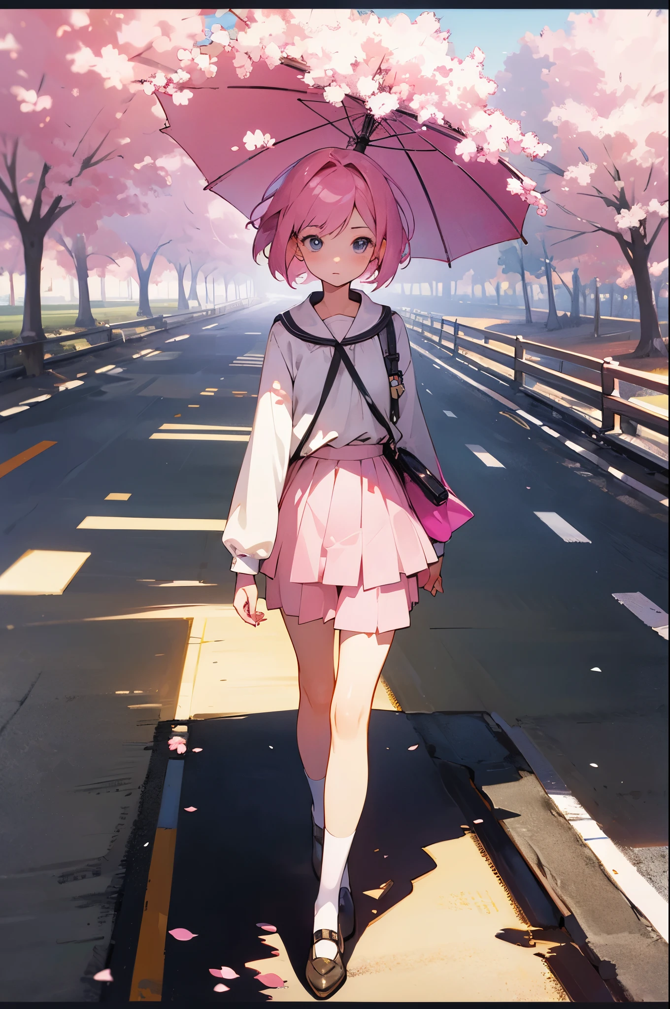 Masterpiece, The best quality, ultra detailed, illustration, wide angle, 1girl standing in the middle of the road, only, Road in the middle and pink cherry trees on the roadside, whole body, the 20s, pink hair, pullover, Short skirt, fashion,, compositing, balance, HARMONY, cadence, color, light, shadow, reflecion, refraction, application, contrast, foreground, middle ground, bottom, Naturalist, Figurative, representational.