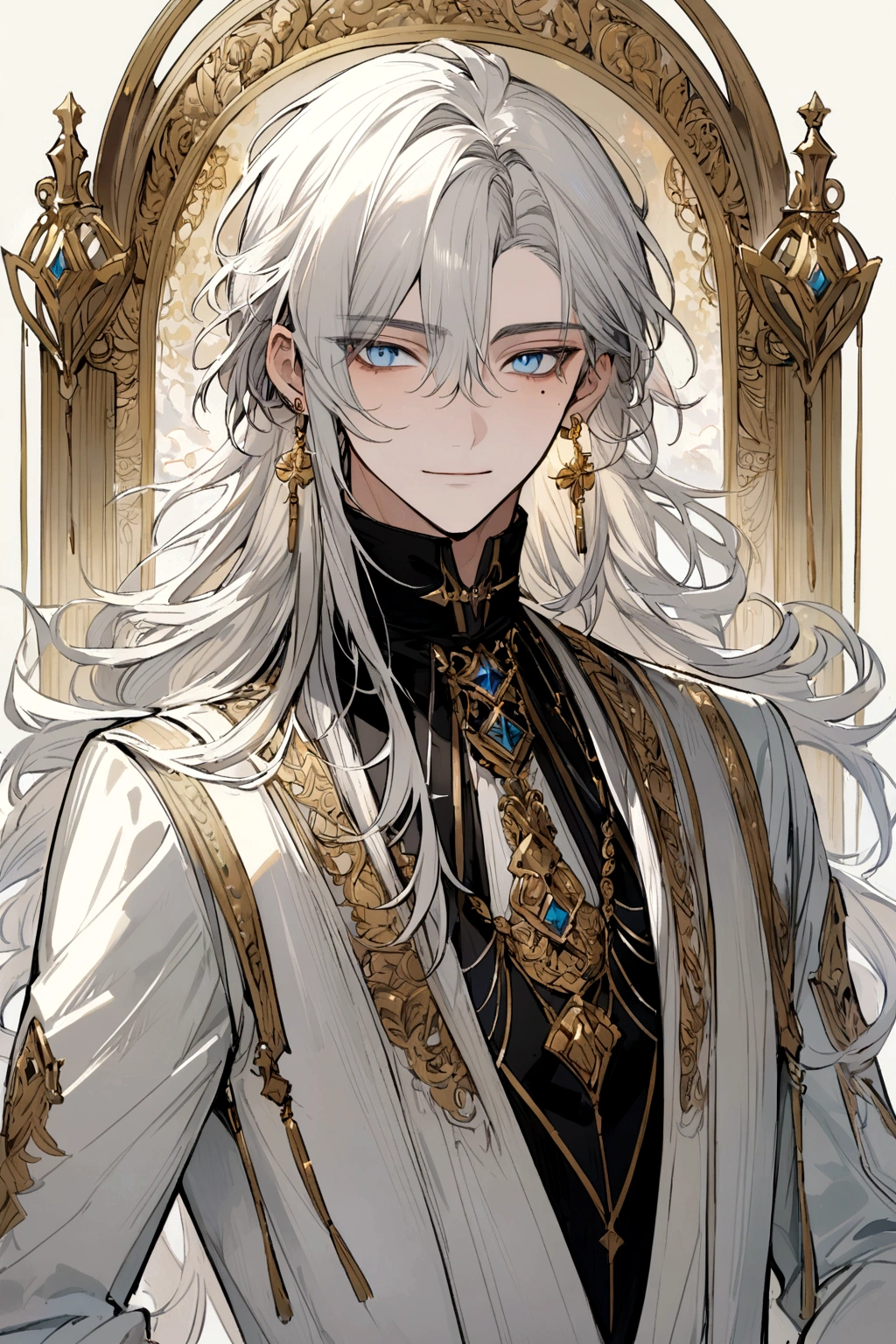 A male character with long messy beige and white hair, light blue eyes with a mole on the right eye, with sociable clothes, with a calm face, with a golden Crus earring 