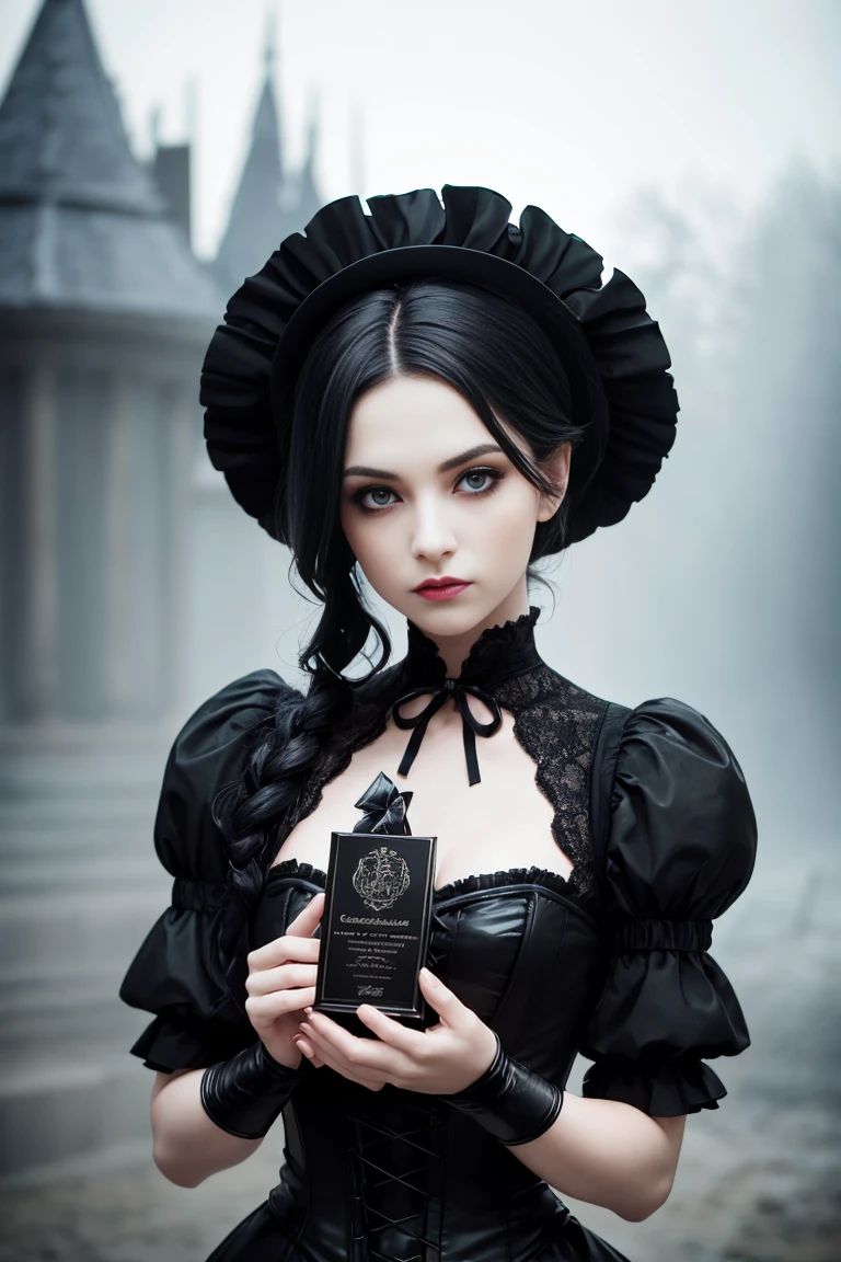 Award-winning color photograph of a Victorian vampire..... cherrynobodysd15+ wearing a black dress, leather corset, Dark Mist Village, the night, SINISTER, A Grim Premonition, mist, Moonbeams, Bright, inviting eyes, pale skin, (black hair)+, Shallow depth of field, High contrast, Backlighting, bloom, chromatic aberration, Smooth, sharp-focus, Shot on a mirrorless camera, (nsfw:1.3)