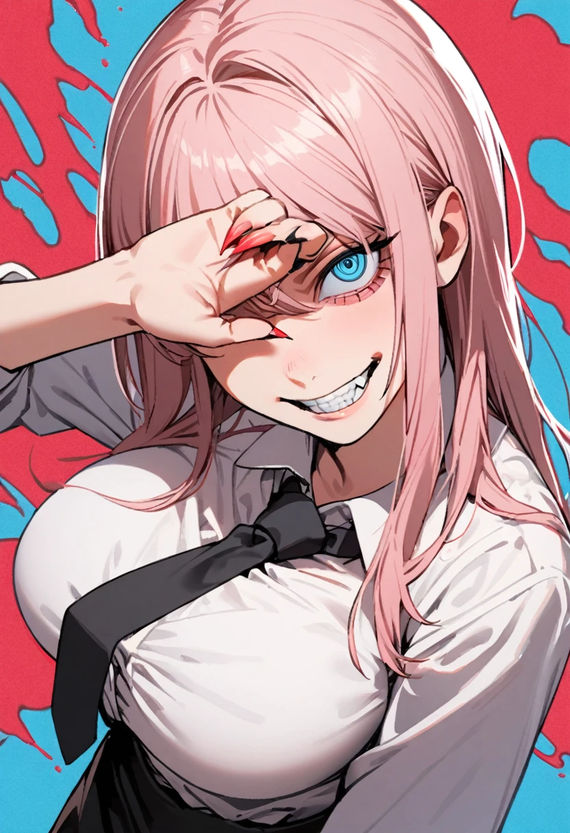 1 girl in chainsaw man style, long hair, light pink hair, blue colored eyes (detailed),white blouse with a black tie,(big boobies), Grinning (dentes pontudos), hand covering an eye (sharp fingernails),background red