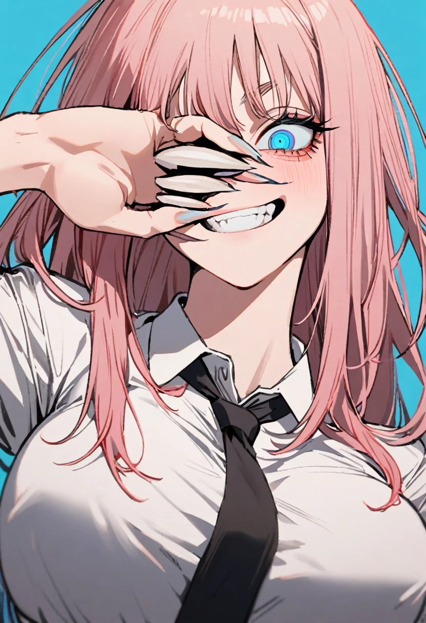 1 girl in chainsaw man style, long hair, light pink hair, blue colored eyes (detailed),white blouse with a black tie,(big boobies), Grinning (dentes pontudos), hand covering an eye (sharp fingernails),background red