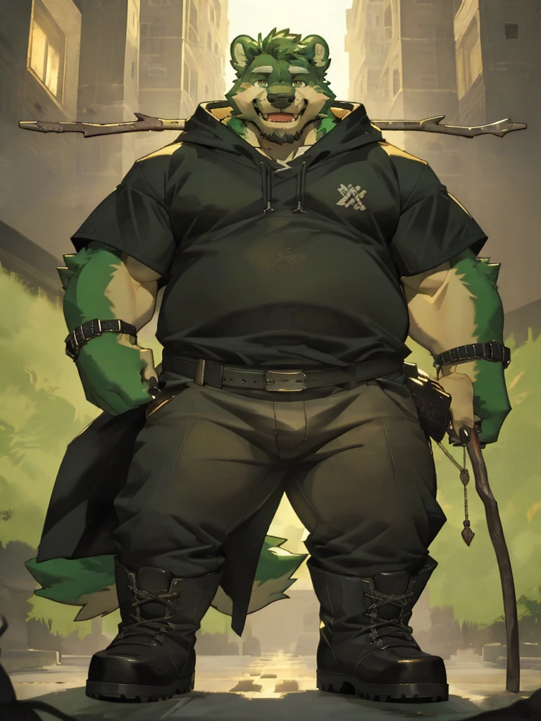 anthro, kemono, male, solo, ((round face, very plump face, thick beard)), (((dark beard))), ((endomorph body type, old-aged, mature)), ((green bear, bear) fluffy fur, fluffy), (high quality, highres, masterpiece), (dynamic lighting, vivid color), (generous smile), (face focus), front view (close up), cartoon, (((green bear))), (((green fur))), green hair, beard, white eyebrows, bald, red eyes, tall, (((hold metal staff, black t-shirt inside, white long coat unhood, gray trousers, boots))) by zixiong, by takemoto arashi, by zixiong, (by null-ghost:0.8), (by t.y.stars:0.4),