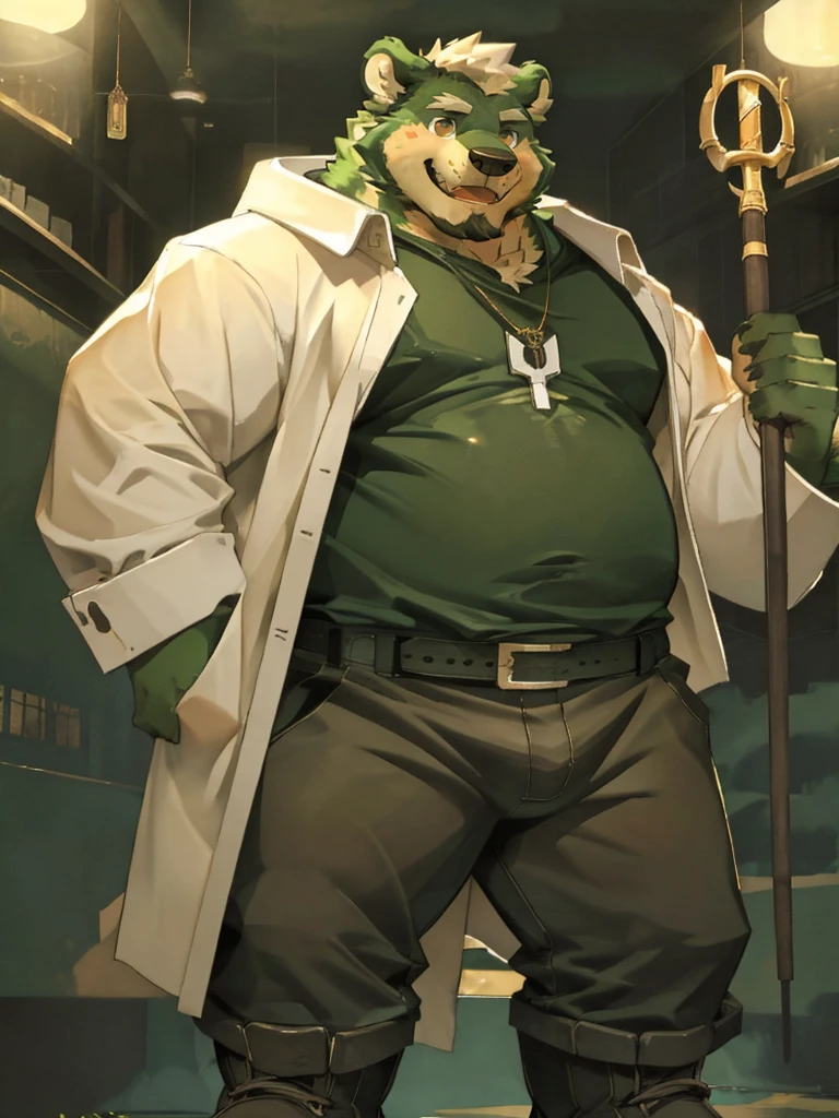 anthro, kemono, male, solo, ((round face, very plump face, thick beard)), (((dark beard))), ((endomorph body type, old-aged, mature)), ((green bear, bear) fluffy fur, fluffy), (high quality, highres, masterpiece), (dynamic lighting, vivid color), (generous smile), (face focus), front view (close up), cartoon, (((green bear))), (((green fur))), green hair, beard, white eyebrows, bald, red eyes, tall, (((hold metal staff, black t-shirt inside, white long coat unhood, gray trousers, boots))) by zixiong, by takemoto arashi, by zixiong, (by null-ghost:0.8), (by t.y.stars:0.4),