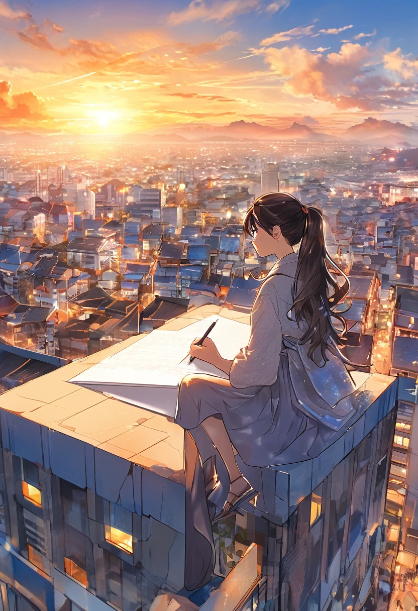 a woman was sitting writing on top of a building, with a beautiful sunset sky., manga styl