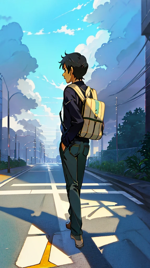 anime - style image of a man walking down a street with a backpack, in style of makoto shinkai, makoto shinkai. —h 2160, style of makoto shinkai, makoto shinkai!, ( ( makoto shinkai ) ), makoto shinkai style, makoto shinkai art style, makoto shinkai!!