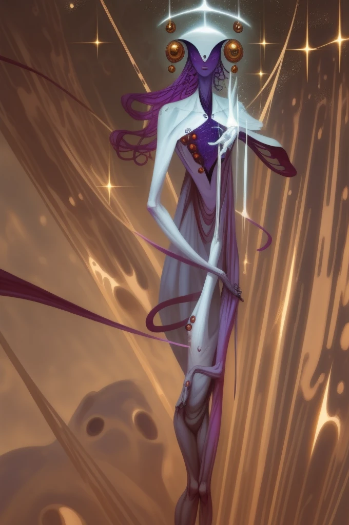 A powerful humanoid figure, a towering faceless entity in a perfect white void, doesn't have a humanoid face, an alien of incredible scale, galactic purple skin, 6 slits across the face pouring with stardust, very long limbs, strange hands with 2 thumbs and 2 fingers on each side, pearly white piercings lining up symmetrical across its abdomen, pearly white and alien jewelry hanging off the sides of its head, bipedal and has two lanky arms, very ethereal form, very prominent (upside-down triangle) mask with 6 slits pouring stardust