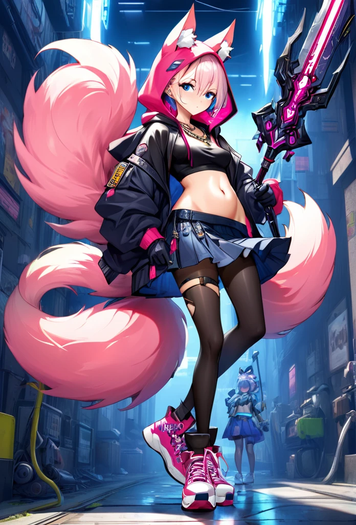 Oh, league of legend, sexy for, wallpapers, detailed eyes, fox ear, (fox tails), a skirt, (long pink fur), medium breasts, Looking at_Shown in_Looking atl espectador, short_Hair, gloves, belly button, fail, Blue_there are eyes, Eternal, full_body, weapon, Footwear, Necklaces, negro_gloves, pulp, hooded, Hair_overcome_Yoon_there are eyes, cultivator_above, hoodie, negro_pants, sneakers, cut_Jacket, cyber punk character, cut_hoodie, ((anatomically perfect:1.5))