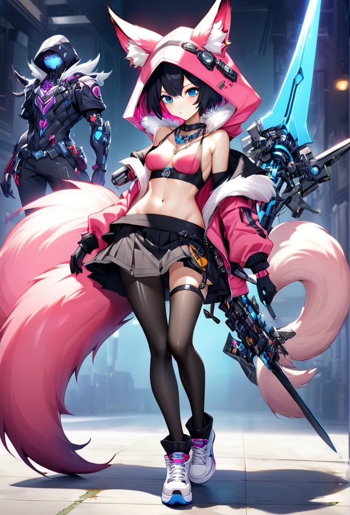 Oh, league of legend, sexy for, wallpapers, detailed eyes, fox ear, (fox tails), a skirt, (long pink fur), medium breasts, Looking at_Shown in_Looking atl espectador, short_Hair, gloves, belly button, fail, Blue_there are eyes, Eternal, full_body, weapon, Footwear, Necklaces, negro_gloves, pulp, hooded, Hair_overcome_Yoon_there are eyes, cultivator_above, hoodie, negro_pants, sneakers, cut_Jacket, cyber punk character, cut_hoodie, ((anatomically perfect:1.5))