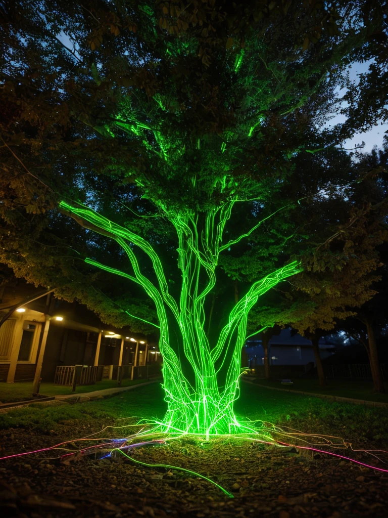 A digital image of a tree, where the tree trunk and roots go into the ground, the tree becomes computer wires and fiber optics and data, 8k, highly detailed, bright neon green light with the data flow.