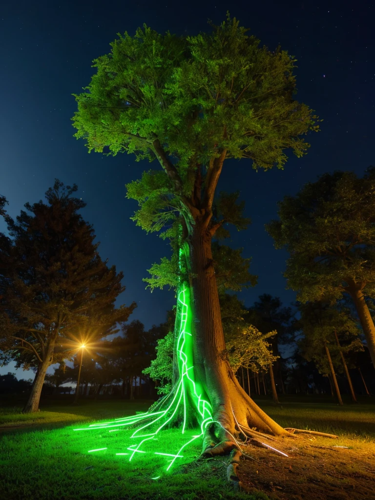 A digital image of a tree, where the tree trunk and roots go into the ground, the tree becomes computer wires and fiber optics and data, 8k, highly detailed, bright neon green light with the data flow.