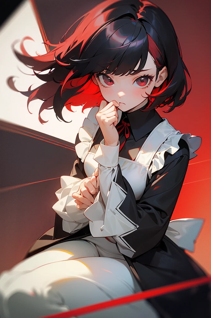 ((masterpiece, Best Quality))), solo, 1girl, ((red hair, black hair, multicolored hair)), short hair, white tights, sitting, close-up, photorealism, photorealism, surprised, puzzled, sad, maid costume, very long sleeves, hands under sleeves, hands folded together, ribbon in hair, white ribbon in hair