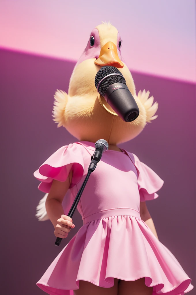 Duck animal wearing dress, holding a microphone, in front of a pink landscape