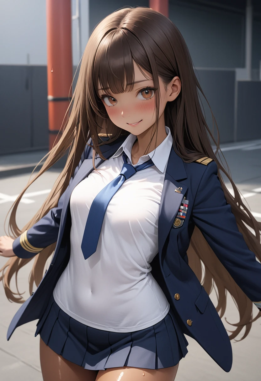 (masterpiece,Highest quality:1.3,best quality illustration,realistic),cowboy shot,1woman,20 year old Japanese beauty,((very small head:1.3)),Long brown hair,bangs,brown eyes,gorgeous eyes,blush,smile,small breasts,(very long bod:1.3),(toned body,slender body,skinny,tan skin),(Navy uniform navy blue blazer jacket、White Shirt、Navy blue tie、Navy blue tight mini skirt),gleaming skin,shiny skin,sweat,standing,Naval Base、Tokyo、