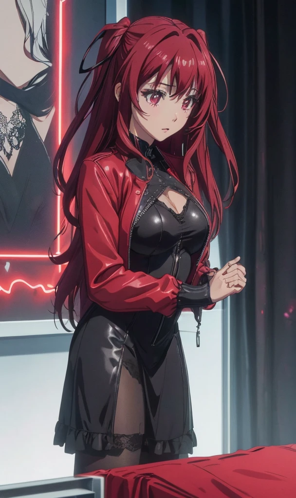 Mio Naruse (best quality,8k,ultra-detailed,realistic), extremely detailed photo of a (((20 year old))), black girl, scarlet witch, wearing black lace dress, open red leather jacket, black pantyhose, model photoshoot, photography, studio lighting, professional, vivid colors