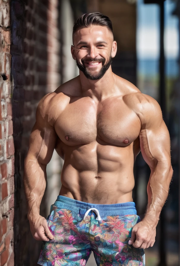 Award-winning original photos, 30 year old man and wild muscle man, short beards, strong, hunk, tattooed, Smile happily, Detailed, Nice, Full body, skinny jockstrap