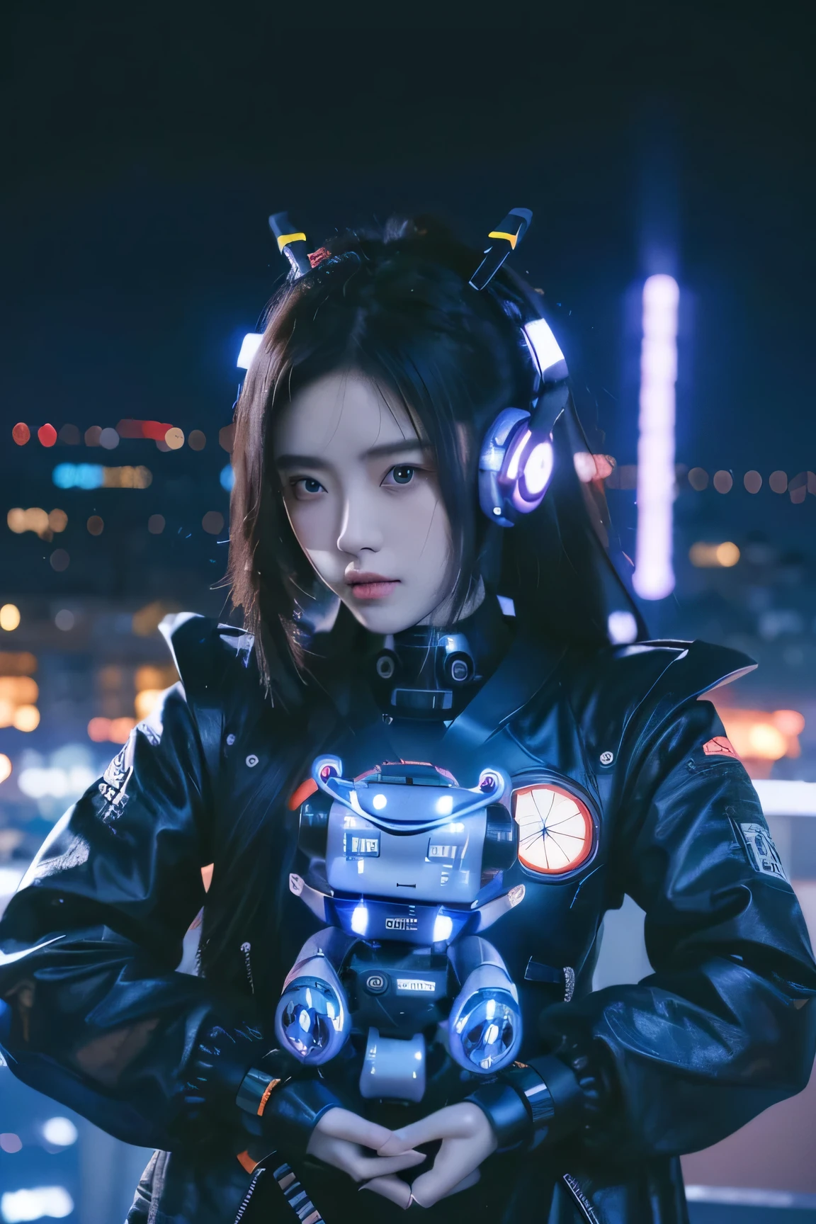 (POV). The (nations) cute mecha girl with (hairstyle), (advance headphone with neon effect), dresssed in black mecha-jacket with some katana, (long light cyber: 1.5), (there is cute mecha-doll-bot by side hef: 1.5). Standing on the top of highest building with city night view, (the glow of building lights), natural lighting, cinematic, high quality, 8k, photorealistic, hyperphotorealistic, masterpiece, hyper detailed, intricate details, sharp focus, vivid colors, (masterpiece), best quality, expressive eyes, perfect face, facing forward: 1.5, 