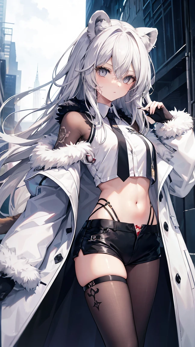 High resolution、Girl、Silver Hair、Long Hair,(),Lion ears、Grey Eyes、Slender、Toned body,fur,coat,,Tattoo,Navel sticking out,shirt