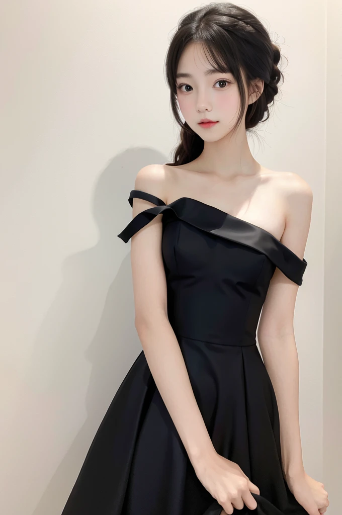 (masterpiece), best quality, perfect face,  1girl, black  formal dress, white background, 