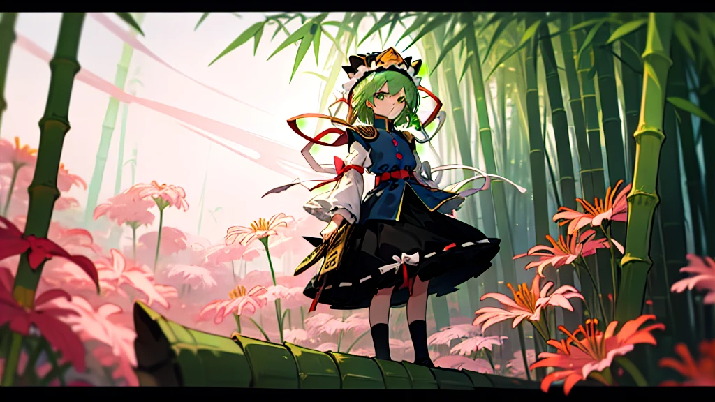a pink haired woman is standing on a branch Holding a gold key, One girl, bamboo, alone, shiki eiki, rod of remorse, Have, skirt, Knee socks, Green Hair, Black footwear, Frills, Long sleeve, View your viewers, white Knee socks, ribbon, white ribbon, Green Eyes, shirt, black skirt, Best, white shirt, shoes, Holding,Red spider lily, frilled Have, chest, Clear Face