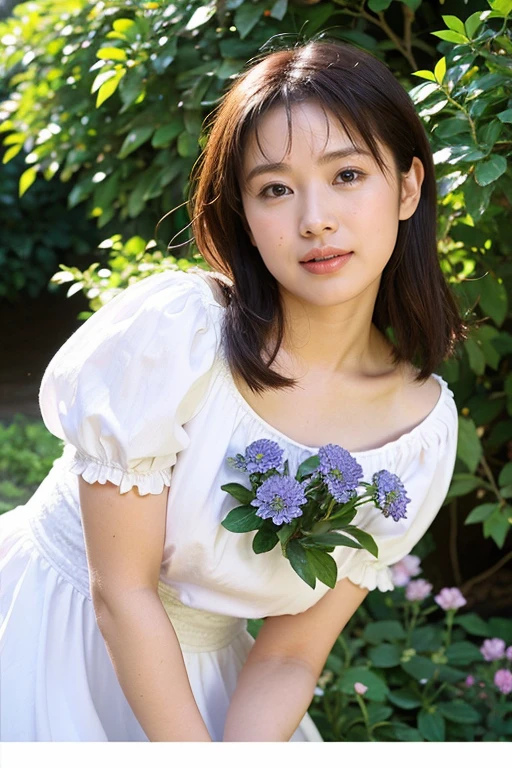 (Highest quality, masterpiece: 1.2), Portraiture, chest, Outdoor, 20 year old woman in the garden: 2, White lightweight summer long dress, Background messy light blue flowers、squirt, Different costumes, Different Angle, Backlight: 1.5, Rich skin detail: 1.5,