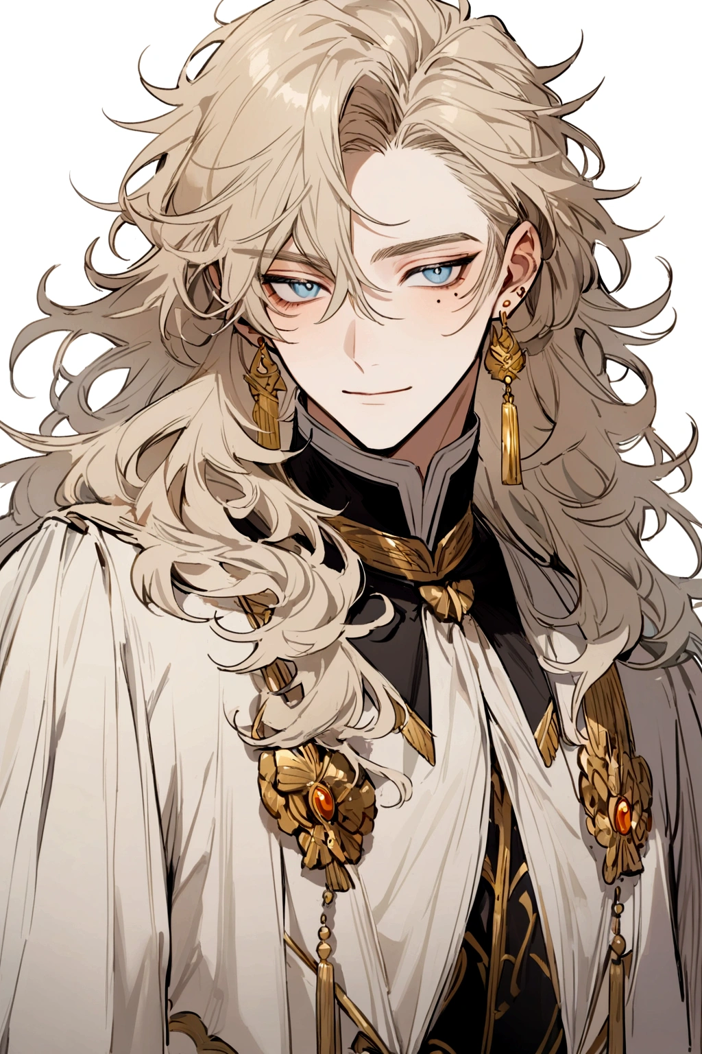 A male character with long beige messy hair, light blue eyes with a mole on the right eye, with sociable clothes, with a calm face, with a golden Crus earring 