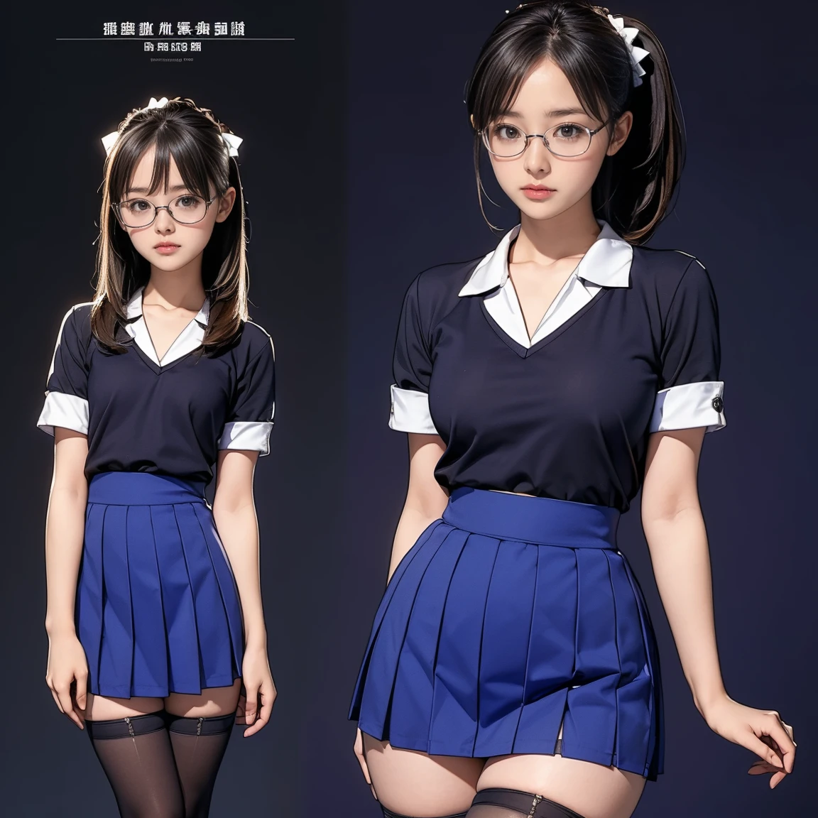 ((masterpiece)),(((highest quality))),((Reference Sheet, Character Design, in front, looking at the viewer ,cute, small girl , girl with glasses , ~ ~ in front posing, Mr..々Hairstyle, Mr..々Performance, Facpressions)), 6-year-olskirt, Cute type, (curvy:1.4), (slim body:1.4), Realistic buttocks, cute girl , thhs, Long legs, It's not a big deal, ((High quality fabric, mini skirt, panties, , stockings)), ((school.0))