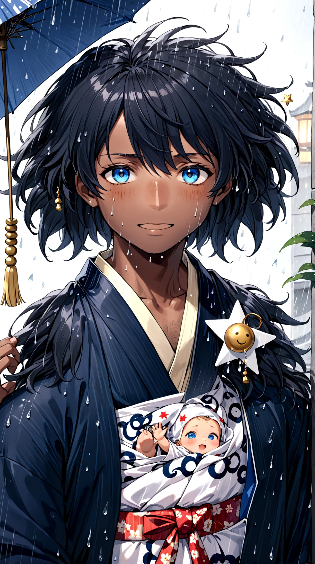 A dark-skinned man with very happy blue eyes, with short, fluffy hair with some navy blue strands, wears a white yukata with a baby blue star print and bells as accessories... But it&#39;s crying while it&#39;s raining.