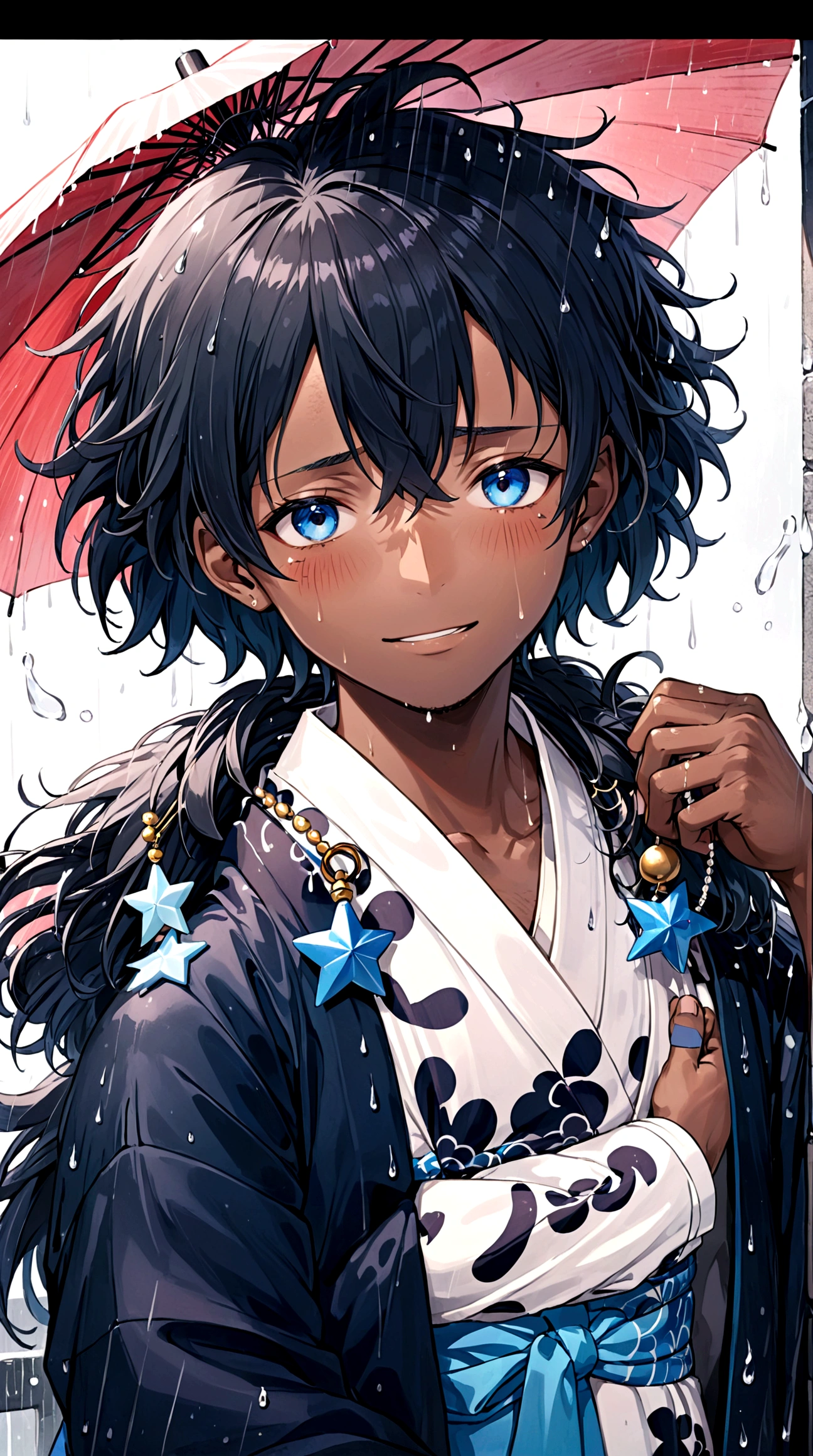 A dark-skinned man with very happy blue eyes, with short, fluffy hair with some navy blue strands, wears a white yukata with a baby blue star print and bells as accessories... But it's crying while it's raining.