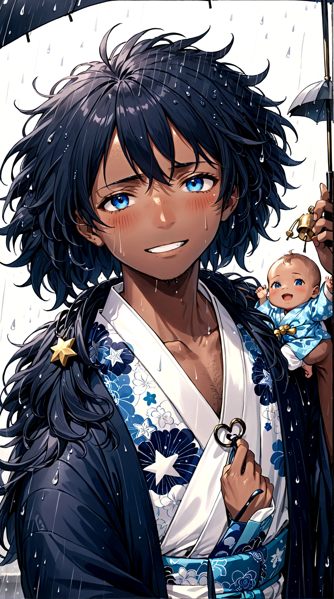 A dark-skinned man with very happy blue eyes, with short, fluffy hair with some navy blue strands, wears a white yukata with a baby blue star print and bells as accessories... But it's crying while it's raining.