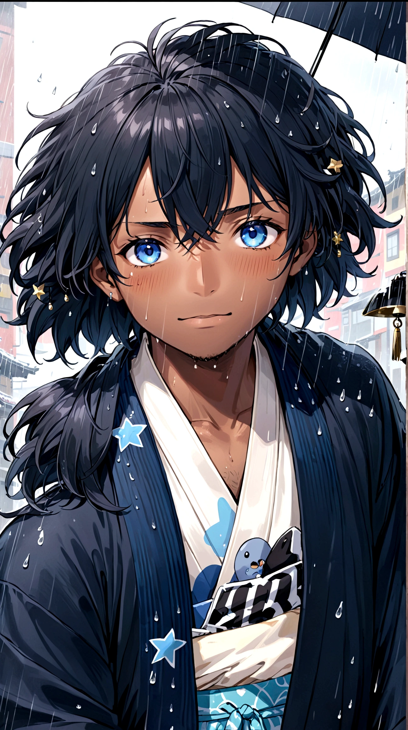 A dark-skinned man with very happy blue eyes, with short, fluffy hair with some navy blue strands, wears a white yukata with a baby blue star print and bells as accessories... But it&#39;s crying while it&#39;s raining.