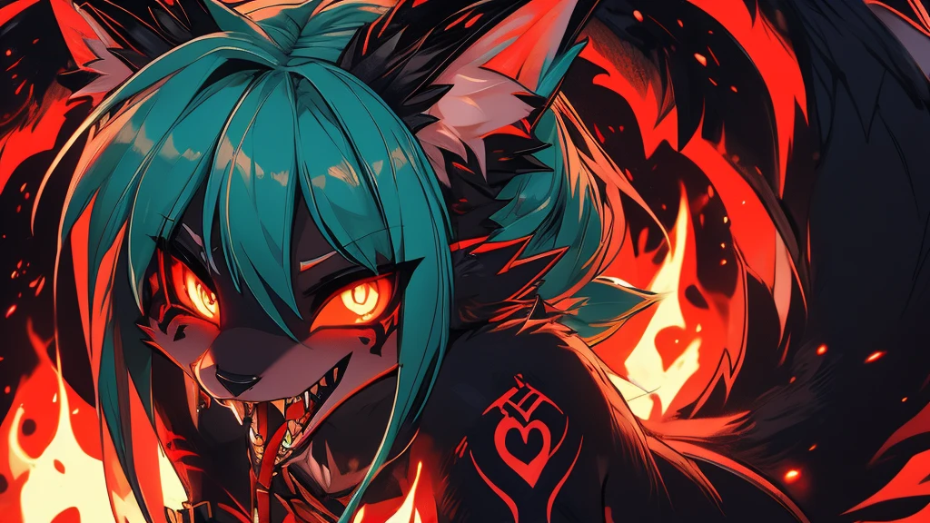 Miku Hatsune, add high definition_detail:1, blue fur,kitsune ears, tribal tattoo add_detail:1, in hell add_detail, diabolic girl, batwigns add_detail Ferocious fangs, sharp fangs, Demon yokai kitsune