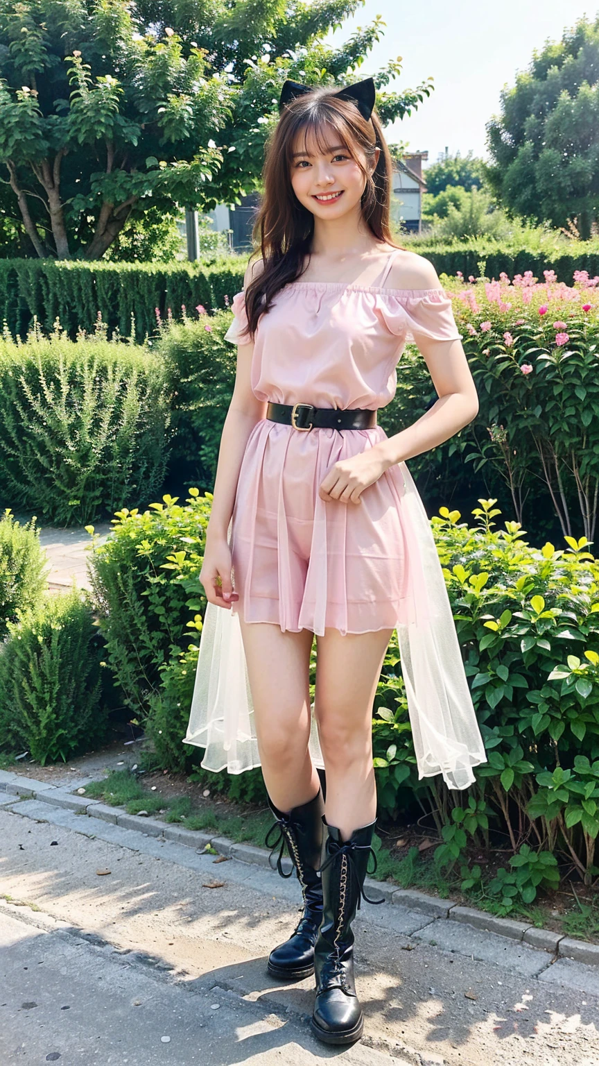 (8K、RAW Photos、Highest quality、masterpiece:1.2)、(Realistic、Realistic)、1 Girl、((Long dress、Off the shoulder、ribbon、See-through、smile、Black and Pink、Thin legs、whole body、boots、garden、View from the front、Looking into the camera、belt、Stand with hands on hips))、cute