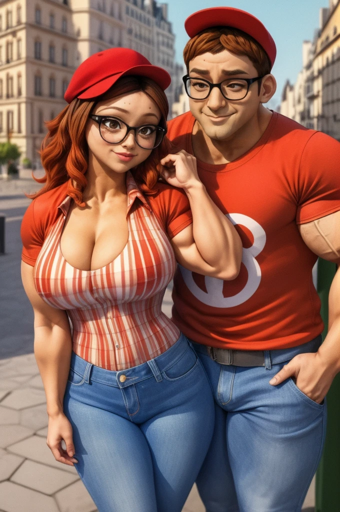 (masterpiece, best quality:1.2), A couple , boy Nino Lahiffe: Brown skin, dark hair, usually seen wearing a red cap, glasses, and casual clothing like a T-shirt and jeans, and a girl Alya Césaire: Brown skin, curly dark brown hair, often wears glasses, and typically seen in stylish, casual outfits. A casual day out with both characters in their everyday attire,Sharing a tender moment, like sitting on a rooftop overlooking Paris..(girl and boy:1), smiling, ((high resolution illustration)), ((extremely detailed)), (couple), Alya, Nino, Nino X Alya, (best quality,4k,8k,highres,masterpiece:1.2), ultra-detailed, realistic:1.37, HDR, studio lighting, extreme detail description, nino wearing a red cap, professional, vibrant colors, bokeh, ((muscular female bodybuilder)), detailed lips, strong embrace, romantic scene, intimate moment, intense passion, athletic bodies, fitness couple, gym background, muscular definition, sculpted muscles, sweat glistening,muscular, (((both flexing their big muscles))).