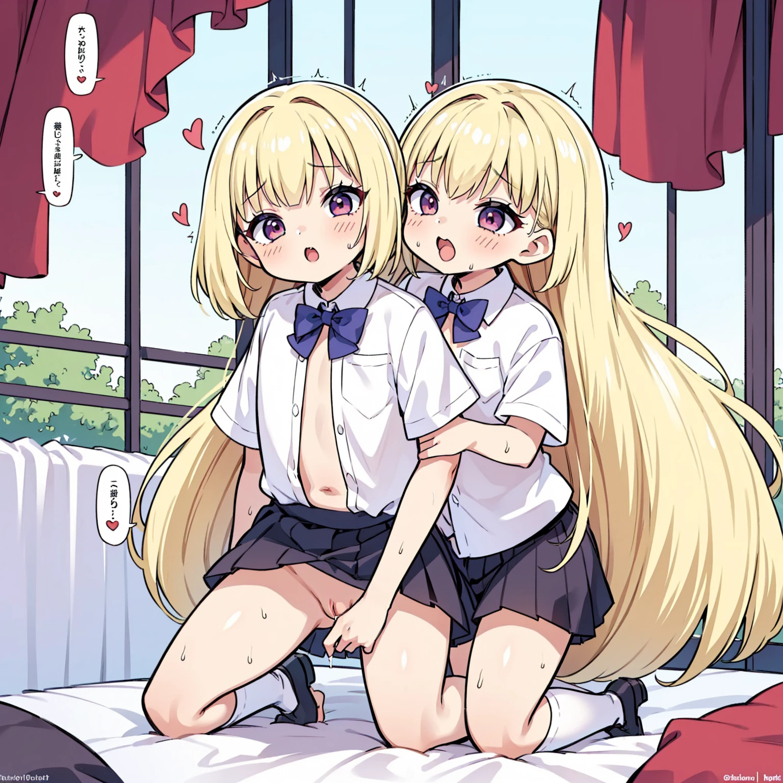masterpiece, Highest quality, so beautiful, absurdes,High resolution,One girl, (((One littleboy))),Cuddling in bed, like,sexly,Look at each one, blush,Age difference,bow tie,bionde,chest,pleated skirt,Tucked in shirt,Tent shirt,just good,NSFW,((Boys smaller than girls,Boy is smaller than women)),((sex,physique difference,Sex Education,NSFW)),female masturbation,ecstasy