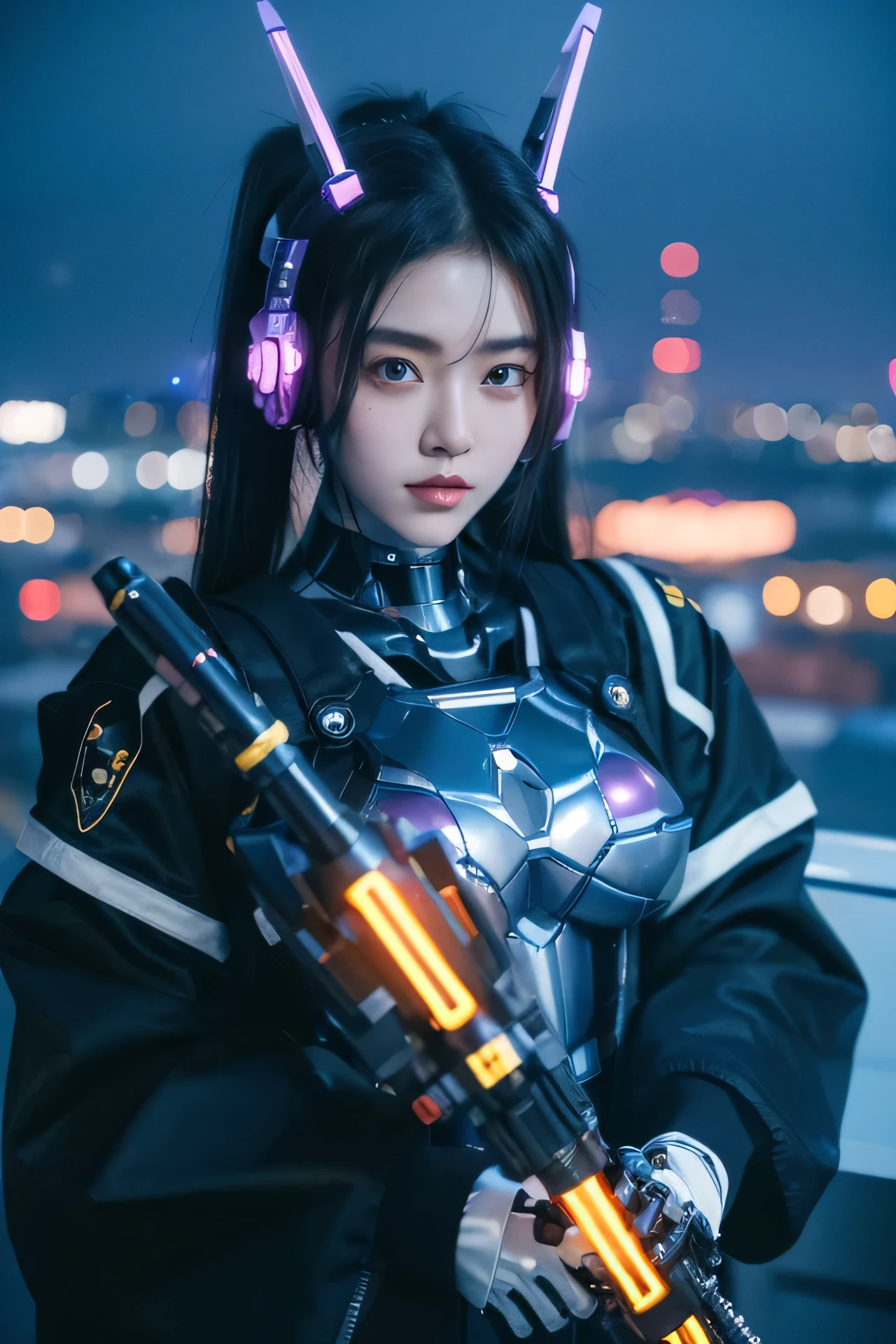 (POV). The (nations) cute mecha girl with (hairstyle), (advance headphone with neon effect), dresssed in black mecha-jacket with some katana, (long light cyber: 1.5), (there is cute mecha-doll-bot by side hef: 1.5). Standing on the top of highest building with city night view, (the glow of building lights), natural lighting, cinematic, high quality, 8k, photorealistic, hyperphotorealistic, masterpiece, hyper detailed, intricate details, sharp focus, vivid colors, (masterpiece), best quality, expressive eyes, perfect face, facing forward: 1.5,