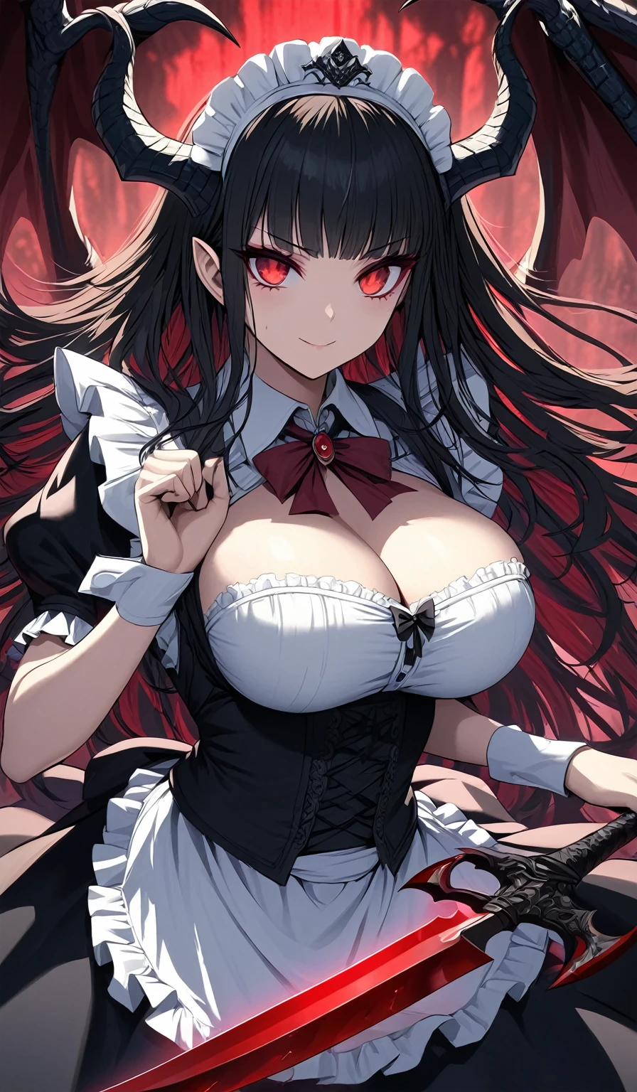 Masterpiece, very detailed, ultra detailed, one, (1 woman), Photo of a woman in a maid costume with detailed killing knives in her hands, beautiful vampire queen, beautiful vampire female queen, with charming eyes, blood red eyes, long black straight hair and straight bangs, with huge breast, she’s With demonic horns and dragon wings, around her magic of darkness, she’s in battle pose, vampire, beautiful charming anime woman, ((beautiful fantasy empress)), beautiful female vampire
