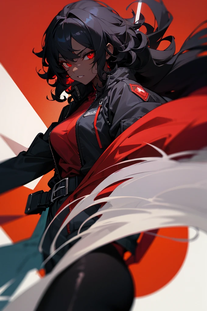 female, black skin,curly black hair, red eyes, vampire, jacket, black skin tone
