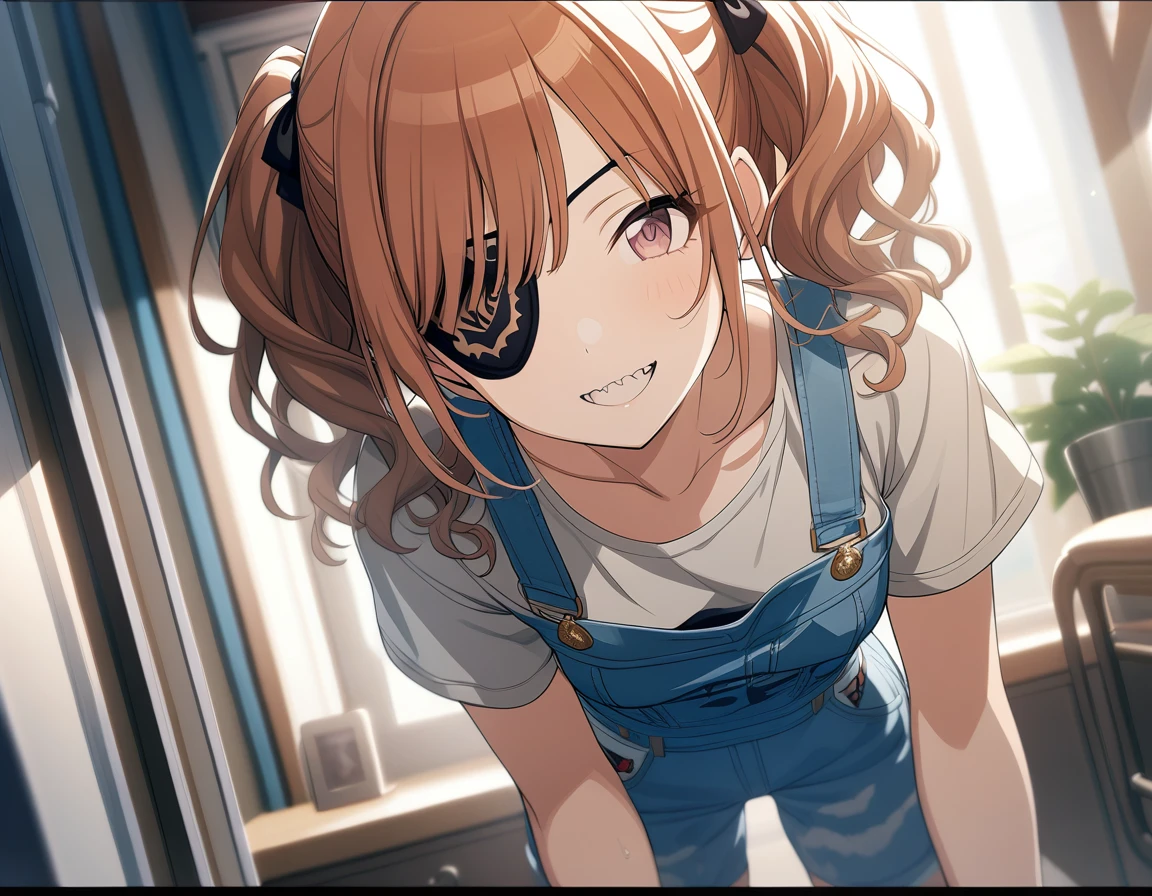 1girl, idolmaster shiny colors, game cg, solo, looking viewer, cinematic angle, masterpiece, best quality, twintails, orange hair, messy hair, eyepatch, shark teeth, overalls