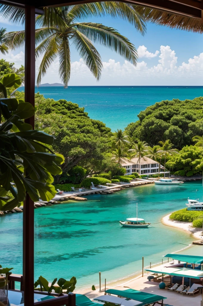 view in a resort in an island, emerald green sea, boats and sailors at the anchors, ((high resolution)) ((best quality))