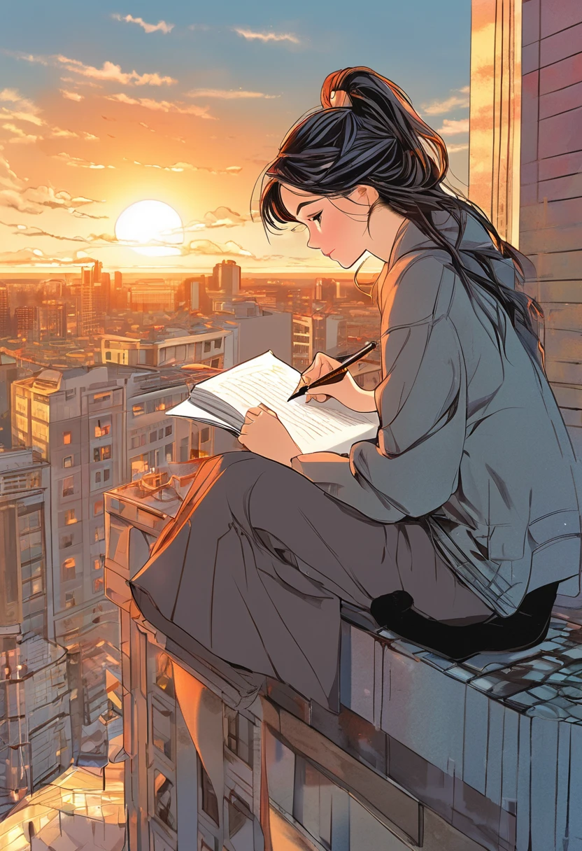 a woman was sitting writing on top of a building, with a beautiful sunset sky., manga style manga style, digital art, by Marshall Arisman, cover illustration, 70mm, 7 0 mm, 70 mm, book cover illustration, by Brigette Barrager, album cover, novel cover art for a book, art concept for a book cover, cover art, 7 feet tall,