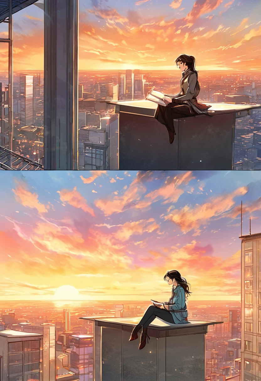 a woman was sitting writing on top of a building, with a beautiful sunset sky., manga style manga style, digital art, by Marshall Arisman, cover illustration, 70mm, 7 0 mm, 70 mm, book cover illustration, by Brigette Barrager, album cover, novel cover art for a book, art concept for a book cover, cover art, 7 feet tall,